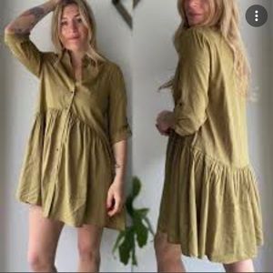 Zara Large Olive Drab Green Mini Shirt Dress W/ Adjustable Sleeves Drop Waist